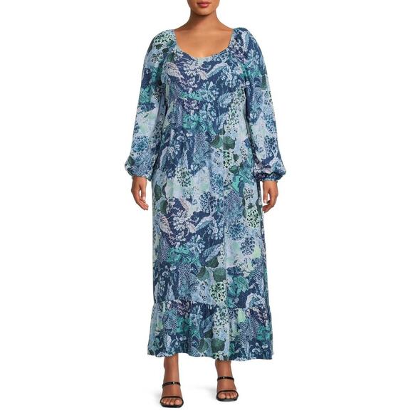 Terra & Sky Blue FLoral Maxi Dress Long Sleele Sweatheart Neck Size 4X Smocked - Picture 1 of 9